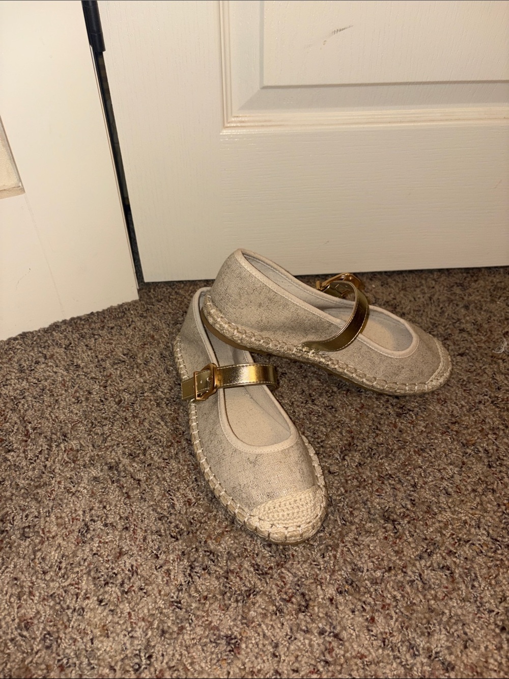 Soda Beige Canvas Espadrille Mary Janes with Gold Strap